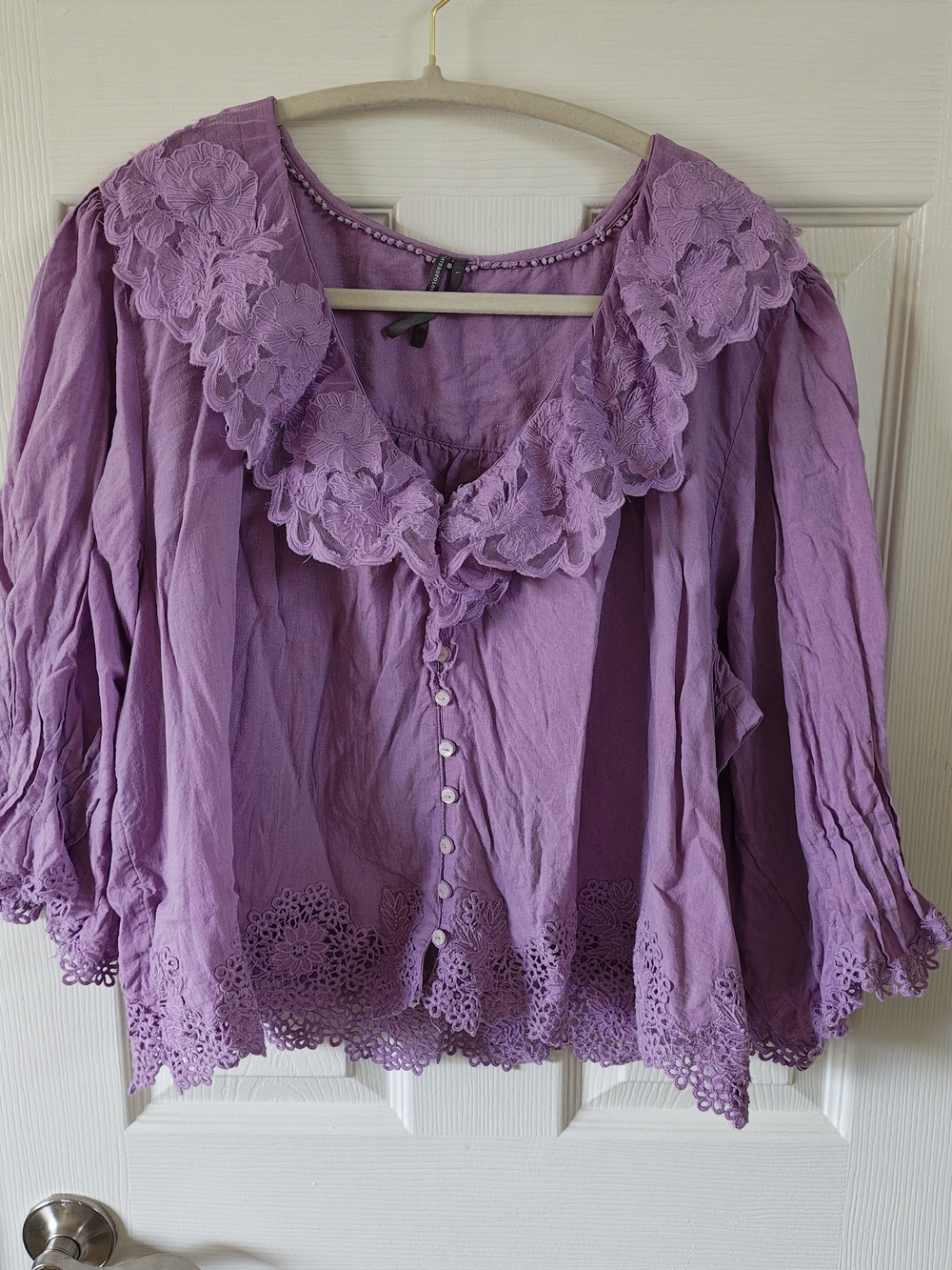 Anthropologie Lavender Lace-Trim Peasant Blouse